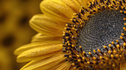 Close up of a sunflower with yellow petals and a dark center with other sunflowers in the background