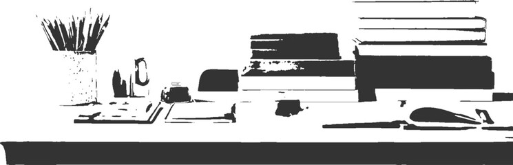 Obraz premium Dark silhouette of a desk with books pens and a vase of reeds table surface