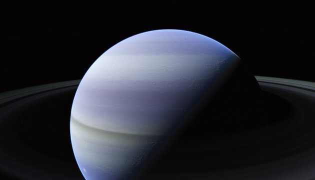 Mysterious blue planet with rings, floating in deep space. Evokes wonder, exploration, the unknown. Ideal for science, education, or imaginative projects.