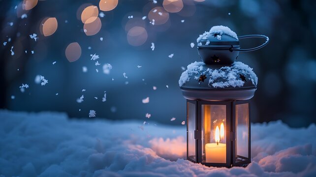 Winter scene of lantern with candle in snow with snowflakes falling