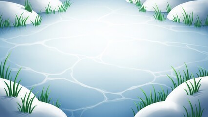 Frozen Pond With Ice Cracks And Grass water winter