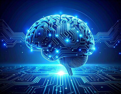 Glowing digital AI brain made of circuit lines on dark background