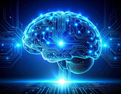 Glowing digital AI brain made of circuit lines on dark background