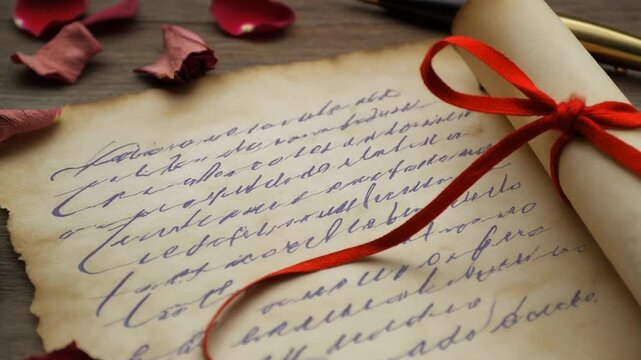 A close-up view of a handwritten love letter on aged parchment, beautifully penned in cursive, accompanied by rose petals and a quill.
