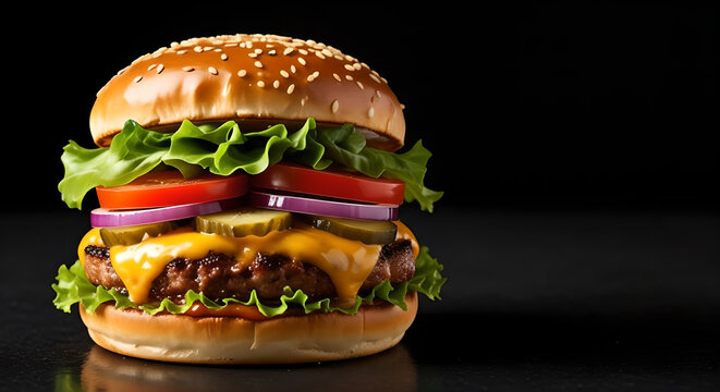 Juicy cheeseburger with fresh toppings on a sesame seed bun