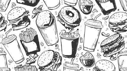 Hand drawn sketch pattern of fast food burgers french fries and drinks hamburger