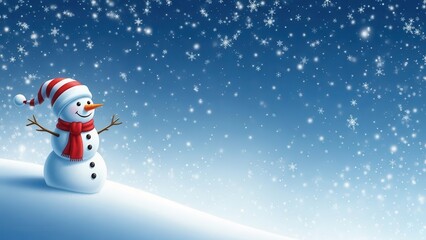 Snowman on Snowy Hill Under Falling Snowflakes winter