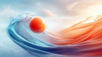 An abstract composition featuring a vibrant orange sphere suspended within swirling forms of blue water and flowing orange fabric, set against a soft, cloudy sk