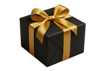Obraz premium Black gift box featuring a glossy gold ribbon and bow, representing luxury, giving, and celebration on a transparent background