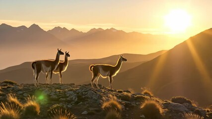 Majestic llamas at sunrise in mountainous landscape