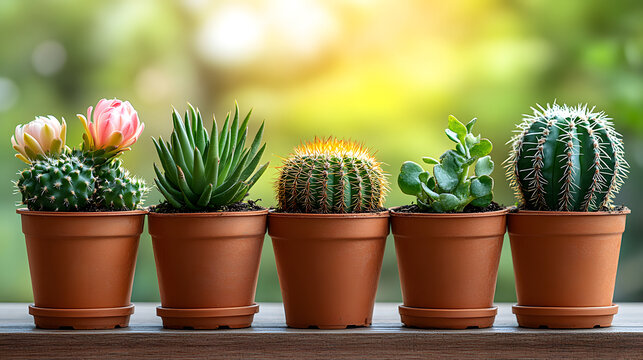 Colorful cacti and succulents in terracotta pots placed on a wooden table in bright outdoor setting during daytime