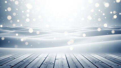 Snowy landscape with wooden floor and bokeh lights