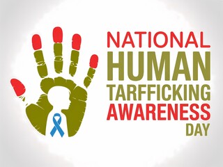 National human trafficking awareness day graphic featuring a handprint with a silhouette and awareness ribbon
