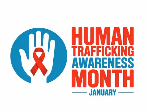 Human trafficking awareness month january graphic with a hand and red ribbon symbol - Powered by Adobe