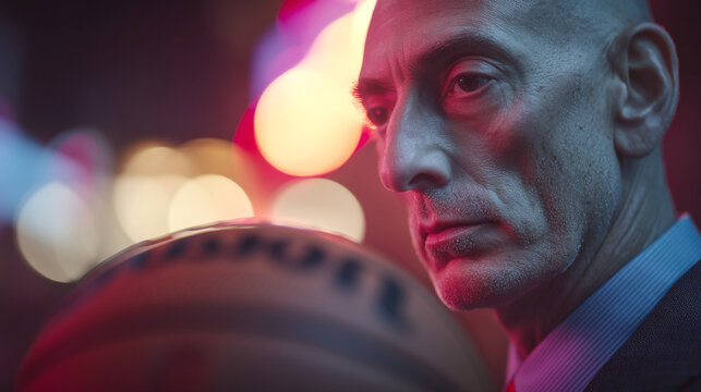 Close up of a bald man in a suit looking at a basketball with blurred lights in the background