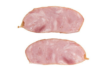 pieces of smoked sausage isolated on white background, top view, slices of cold smoked meat for any design