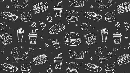 White outline fast food doodles on dark gray background seamless pattern burger hamburger