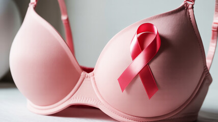 Pink bra with a pink ribbon for breast cancer awareness