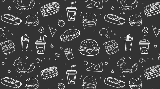 White outline fast food doodles on dark gray background seamless pattern burger hamburger - Powered by Adobe