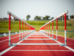 Track and Field Hurdles Lined Up on a Red Running Track