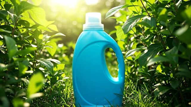A blue laundry detergent bottle amidst lush green foliage.