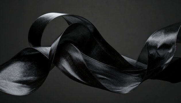 A smooth, black, flowing ribbon swirls elegantly against a dark backdrop, creating a modern and abstract composition