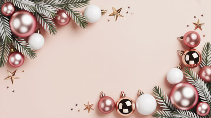 Elegant christmas corner decoration with rose gold baubles and pine branches
