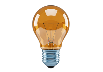 A vintage style amber glass light bulb with a metallic reflective top isolated on transparent background