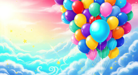 A large cluster of colorful balloons floating in the sky and dreamlike pink and blue clouds, themed around World Children's Day.