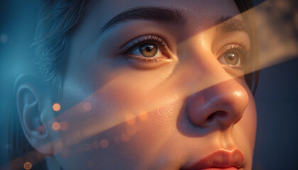 Close-up portrait of a young woman with glowing skin and thoughtful expression, artistic lighting