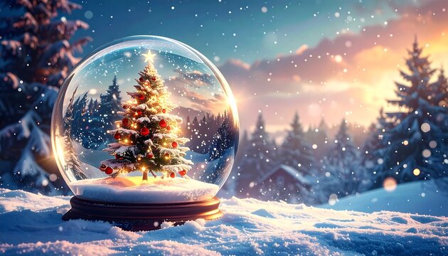 A snow globe with a Christmas tree sits on snow against a winter forest and a colorful sky at sunrise - Powered by Adobe