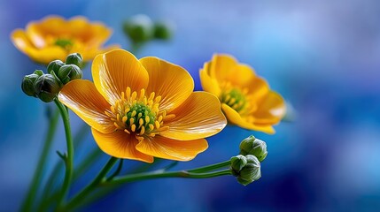 Close-up of vibrant yellow buttercup flowers and green buds against a soft blue, blurred background. The image captures the delicate details of the petals and s