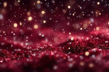 Red sparkling sand and glitter landscape with floating light bokeh, perfect for holiday visuals, luxury backgrounds and atmospheric festive compositions.