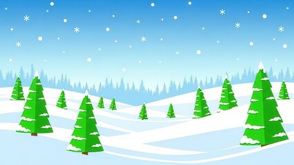 Snowy winter landscape with green pine trees snowflakes