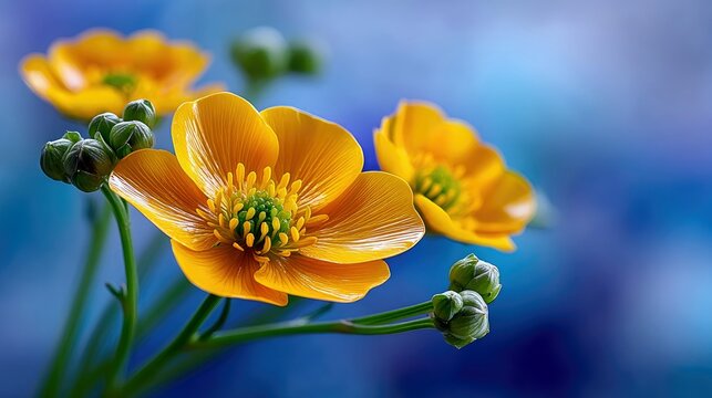 Close-up of vibrant yellow buttercup flowers and green buds against a soft blue, blurred background. The image captures the delicate details of the petals and s