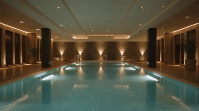 Indoor hotel pool with warm ambient lighting at night.