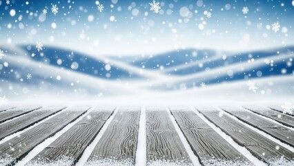 Snowy wooden planks with winter landscape background