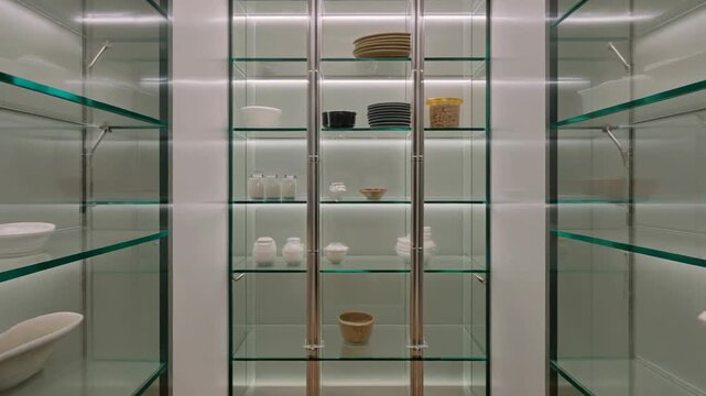 Sleek Glass Display Cabinets Showcasing Collections in Modern Corridor.