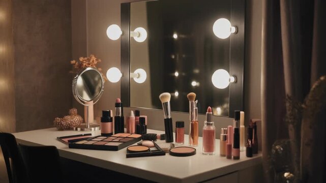 Beauty Vanity Makeup Station With Lights And Mirrors.