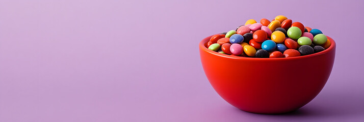 Red Bowl Full of Colorful Candies on Pastel Purple Background