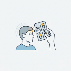 Man with headache receiving medication from hand holding blister pack of pills for treatment relief