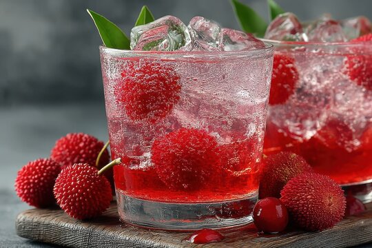 Refreshing pink lychee cocktails with ice and garnished with fresh lychees