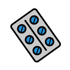 Isolated blister pack with six blue pills in a silver foil with black outline on a white background view