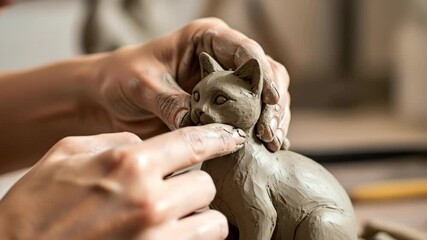 Hands shaping a clay cat sculpture in a serene studio setting.
