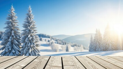 Sunny Winter Mountain Landscape with Snow-Covered Trees and Wooden Deck