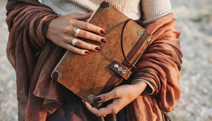 Woman holding a rustic journal. Stylish hands with rings and a scarf create an earthy, vintage feel. Ideal for writing, memories, or creative projects.