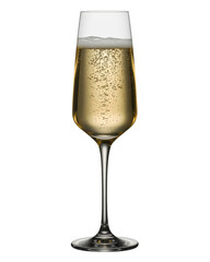 Tall glass of champagne with bubbles and foam on white background