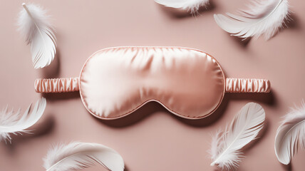Soft pink silk sleep mask surrounded by delicate white feathers