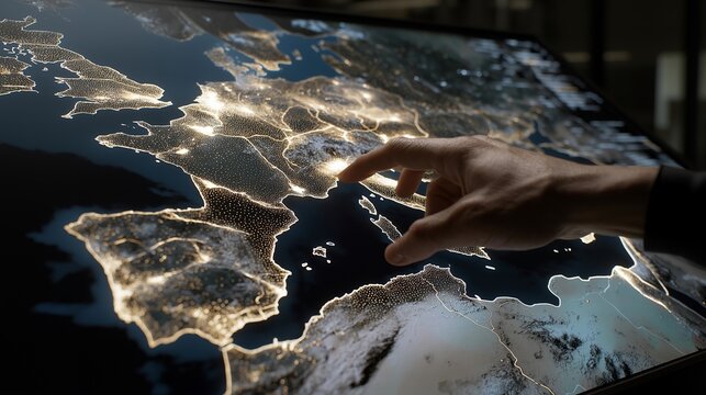 A holographic subscriber map projected in a dark studio, tiny lights blinking across continents as a creator touches each region to see real-time engagement — futuristic subscriber analytics,