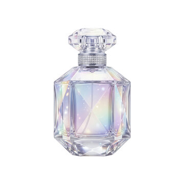 Luxury diamondcut perfume bottle with iridescent liquid isolated on transparent background